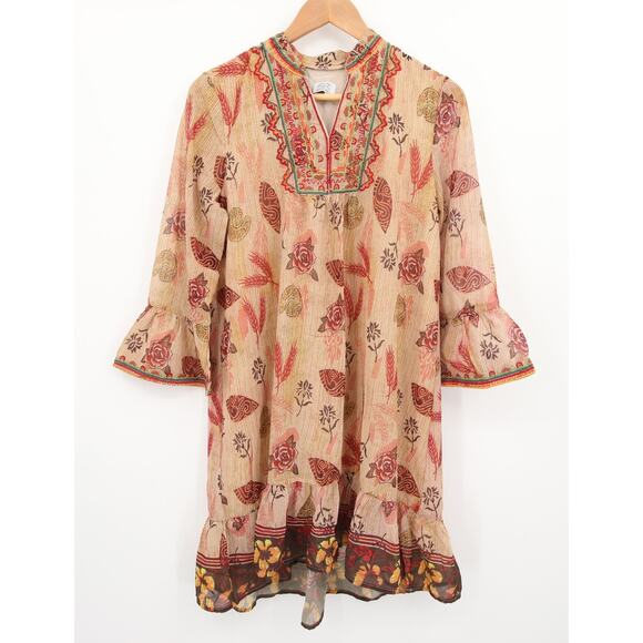 Zara Dress Tan Leaf Floral Pattern Nude Beige Bell Sleeve Embroidered Neckline M - Picture 2 of 12